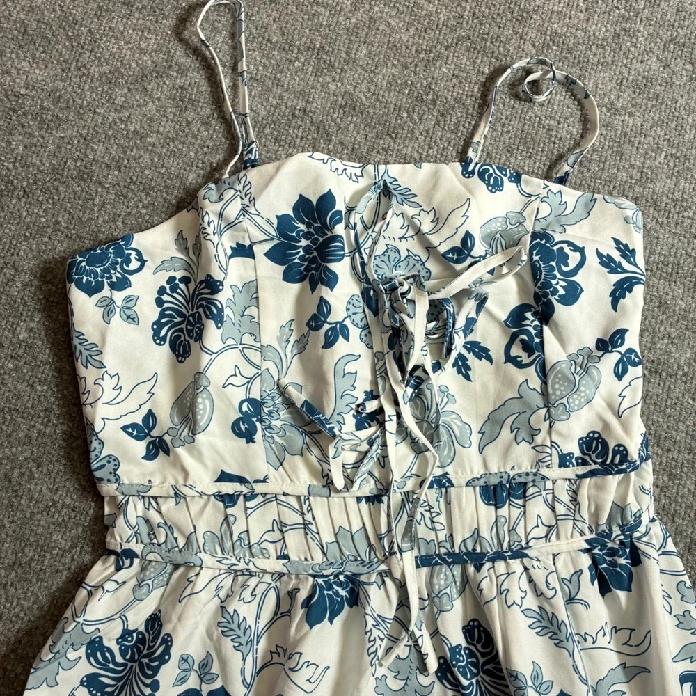 Cupshe Floral Maxi Dress Womens M Blue White Ruched Slip Boho NEW - Picture 5 of 11